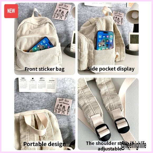 Mini Corduroy Backpack Purse - Small Daypack with Multiple Pockets
